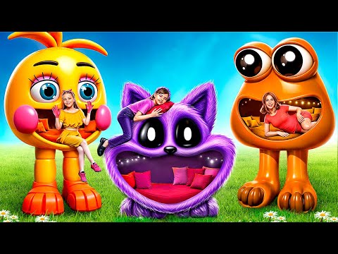 We Built New Tiny Houses for Chica,CatNap and POU! One Colored House Challenge for Video Game Heroes