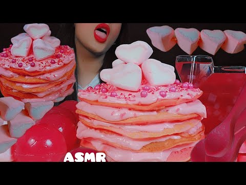 asmr eating pink dessert👅Edible spoon,Creamy pancake and ball jelly and pink marshmallow💕먹방 핑크디저트🩷🐾