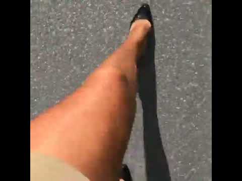 Shiny and Sheer Suntan Pantyhose Legs With Black Heels Walking POV