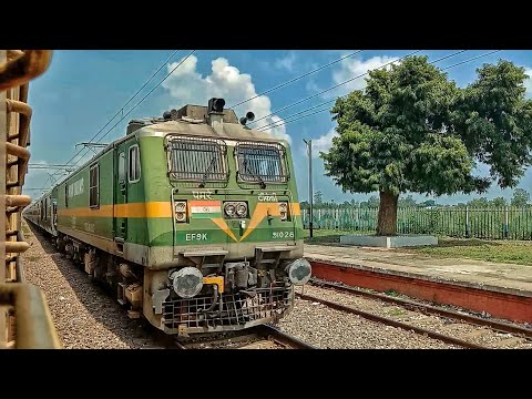 Green Wag9 With Green Garib Rath Superfast Express Train Crossing#uniquetrainengines#viralvideo#alp