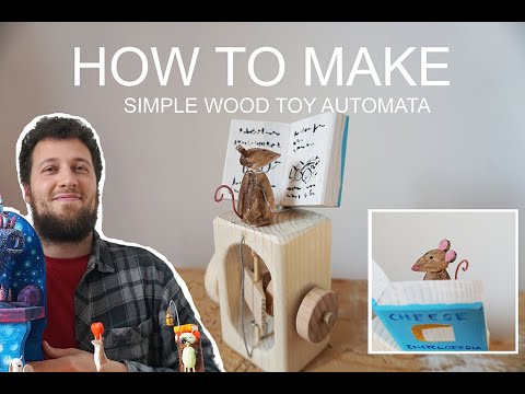 mouse reading a book, wood toy automata tutorial