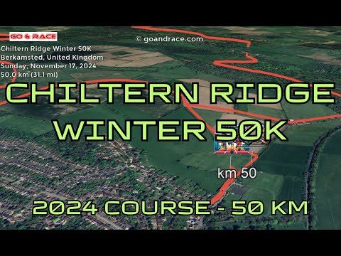 Chiltern Ridge Winter 50K (2024): fly over the 50 km course! Video of the race path.