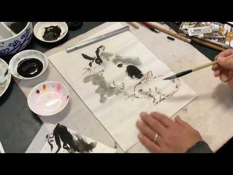 Painting Bunny Rabbit with Henry Li ink and watercolor on rice paper