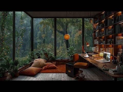 Glasshouse Study Room with Forest View: Thunder And Rain On Window Sounds for Sleeping, Relaxing