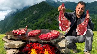 Roasting Juicy Beef Steaks on Hot Stones! Outdoors Cooking Alone in the Mountains