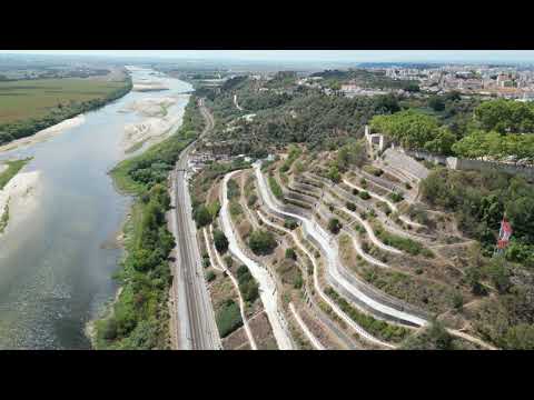 Drone video of old town Santarem Portugal to the valley...