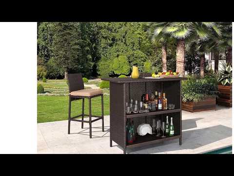 Ulax 3-Piece Patio Outdoor Backyard Wicker Bar Set with Table and Two Stools