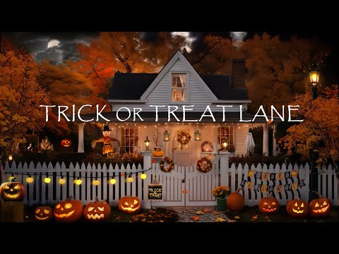 TRICK OR TREAT LANE- HALLOWEEN HOUSE AMBIENCE-FALL LEAVES-PUMPKINS-FIREPIT-SOFT HALLOWEEN MUSIC!