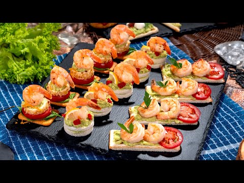 Top 3 shrimp snacks recipes! Easy appetizer, Shrimps on a waffle, crackers and tramezzino