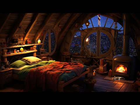 Cozy Hobbit Bedroom - Deep Sleep in a Cozy Winter Hut with Fireplace Crackling and Blizzard Sounds