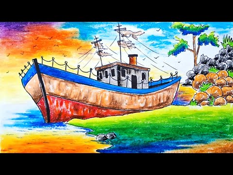 Ship Drawing | How to draw colourful scenery | Scenery Drawing