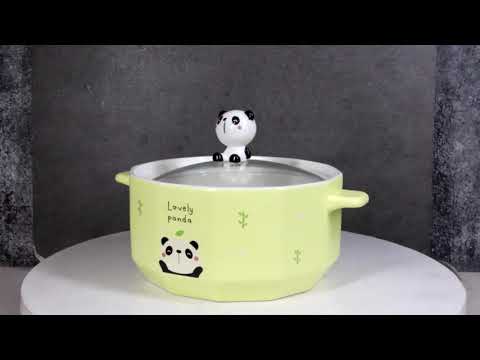 Ceramic Yellow Lovely Panda 30oz Noodle Dessert Food Bowl W/ Glass Lid