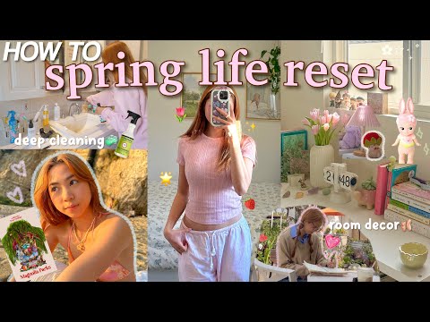 how to SPRING LIFE RESET🍓✨*deep cleaning & redecorating my messy room🧺getting back into fitness