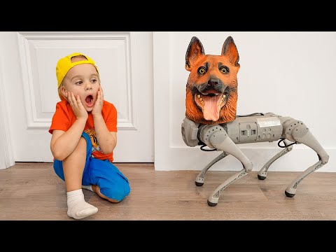 Chris and Michael play with robo dog