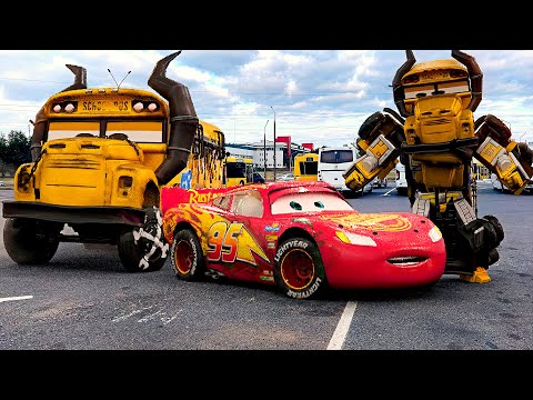 Lightning McQueen TRANSFORMERS in Real Life on Road cars PIXAR drift