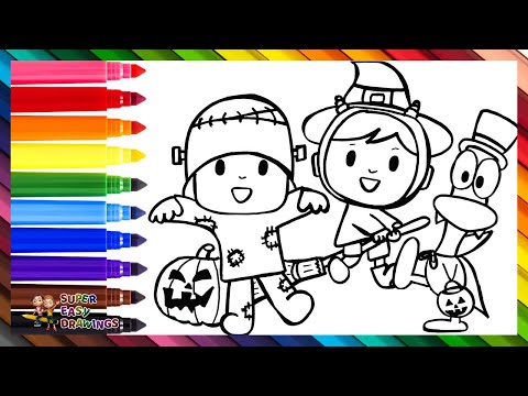 Draw and Color Pocoyo, Nina, and Pato Dressed Up for Halloween 👶👧🧙‍♀️🦆🧛🎃🦇 Drawings for Kids