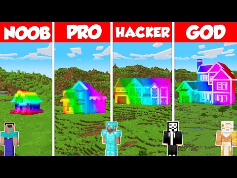 Rainbow House Build Battle Challenge - Noob vs Pro vs Hacker vs God - Minecraft Animation