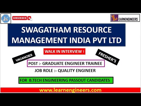 GRADUATE ENGINEER TRAINEE VACANCIES IN SWAGATHAM RESOURCE MANAGEMENT INDIA PVT. LTD. || FRESHERS ||