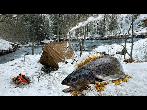 Hot Tent Camping  in deep Winter & Catch and Cook