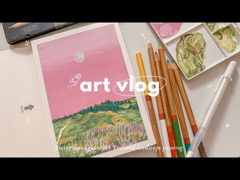 ART VLOG 🌙 fixing dried gouache, textured landscape painting | relaxing piano bgm