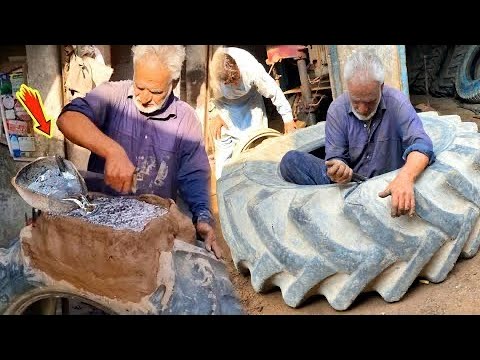 A Unique Process of Repairing a Big Tire | Old Giant Tire Repairing at Local Workshop