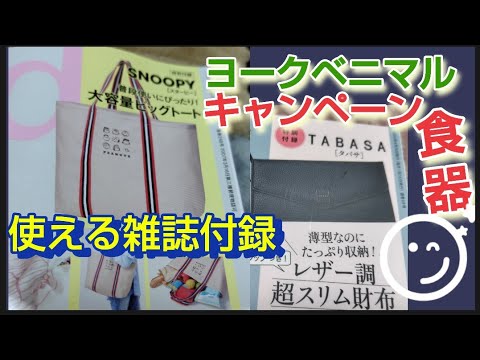 使える雑誌付録　素敵なあの人 2024年9月号TABASA薄型なのにたっぷり収納！レザー調超スリム財布steady. 8月号スヌーピーの大容量ビッグトート　ヨークベニマル食器キャンペーンムーミン