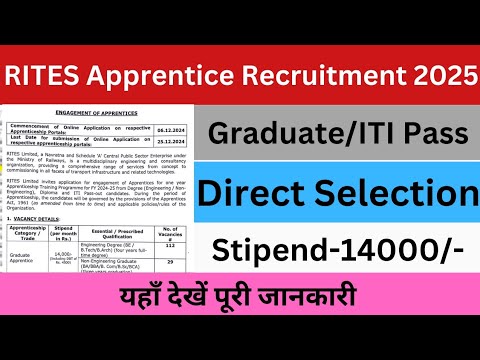 RITES Apprentice Recruitment 2025| Apply online,233 Post for Graduate, Diploma, and ITI |