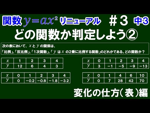 リニューアル【中３数学 関数y＝ax^2】＃３　どの関数か判定しよう②　変化の仕方（表）編　※表の変化の仕方に注目し、どんな関数かを判定する方法 ＆ 表から式を求める方法について解説！