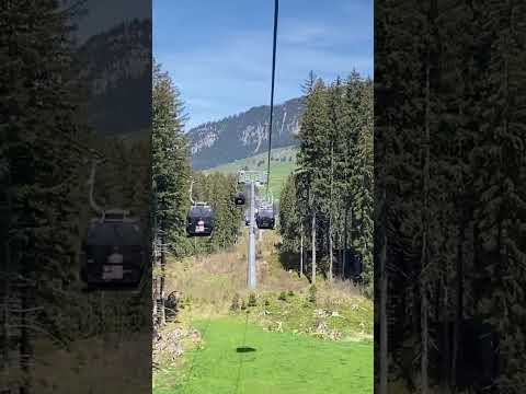 Titlis cable cars from Engelberg to Trubsee in Swiss Alps, display flags of countries!