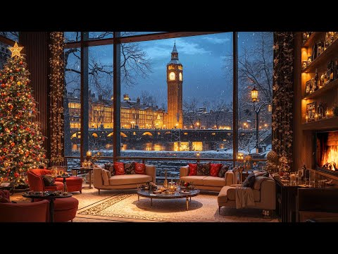 Relaxing Christmas Jazz Instrumental Music 🎄 London Snowy Night at Christmas Coffee Shop Ambience ☕