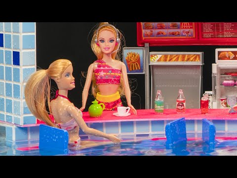 HOW TO BUILD MINIATURE POOL ~ Water fun   Barbie Elsa and Anna dolls   pool party!