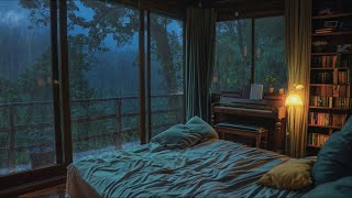 Sleep with Rain Sound In Warm Bedroom Wide Window Forest View🌿 Ambience in a Rainy Forest Bedroom