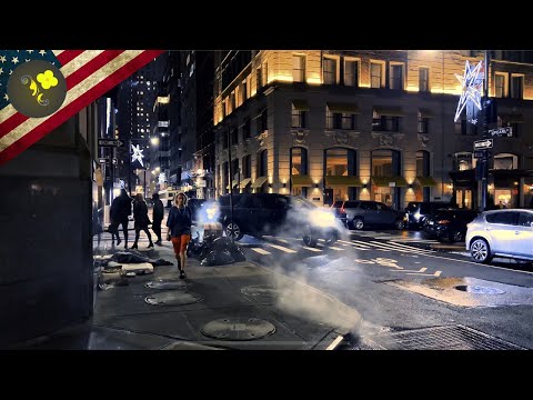 New York City Rain Night walk - Manhattan Wall St - 4K Tour