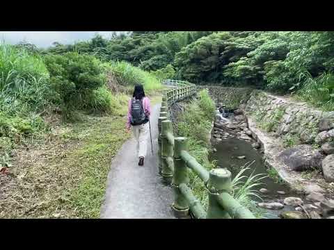 淡水竹圍的後花園｜樹梅坑登山步道、忠義山、吳仔厝｜彎曲的溪景配著綠色復古欄杆，平整微上坡的水泥步道｜三個蛋糕cakethree