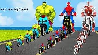 Siêu nhân nhện🔴Spider-Man Big & Small Motorcycle Obstacle Challenge vs Red Iron Man vs Hulk green