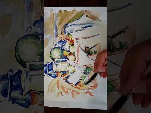 Watercolor study of Paul Cezanne's still life on paper-backed silk