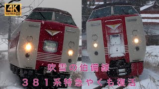 いよいよラスト！2024年12月復活！381系やくも 吹雪の中、臨時列車で運転【４K】伯備線　ラストラン