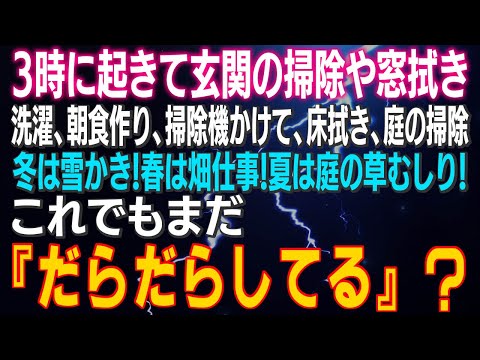 【スカッとする話】3時に起きて玄関の掃除や窓拭き、洗濯、朝食作り、掃除機かけて、床拭き、庭の掃除！冬は雪かき！春は畑仕事！夏は庭の草むしり！これでもまだ『だらだらしてる』？