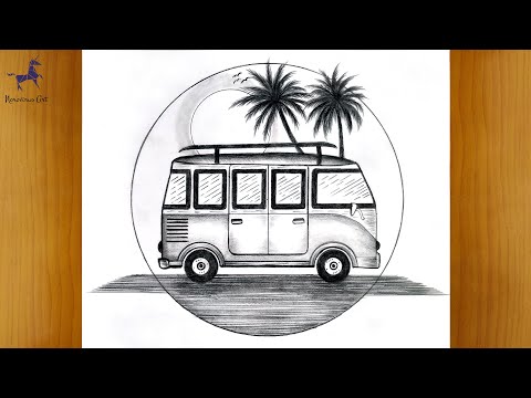 How to draw easy Scenery for beginners | how to draw a surf bus / vw camper van | الرسم بقلم الرصاص