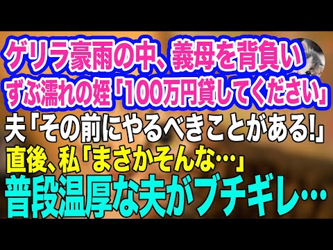 ゲリラ豪雨の中、義母を背負い1時間歩いてきたずぶ濡れの姪「100万円貸してください」夫「お金の話の前にやるべきことがある！！」→直後、普段温厚な夫がブチギレた結果【スカッとする話】