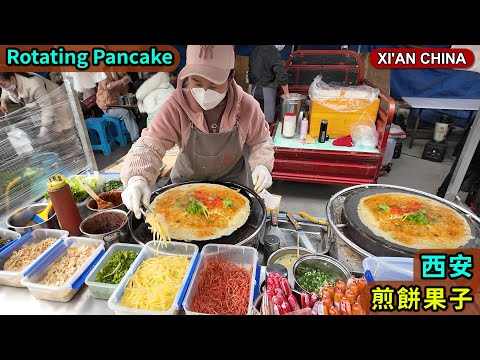 China Street food: Egg Pancake Rolls, Efficient Cooking on Rotating Griddle, Low Cost, High Profit!