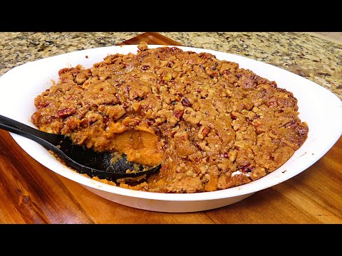 Sweet potato casserole with pecans | Buttery brown sugar topping￼