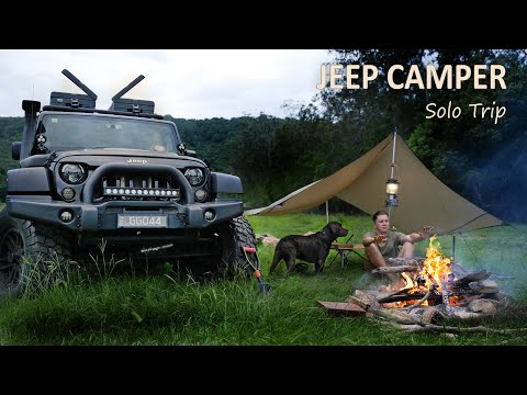 JEEP Camping SOLO with my DOG. River camp, strong winds shelter -   Sounds of Camping Ep7