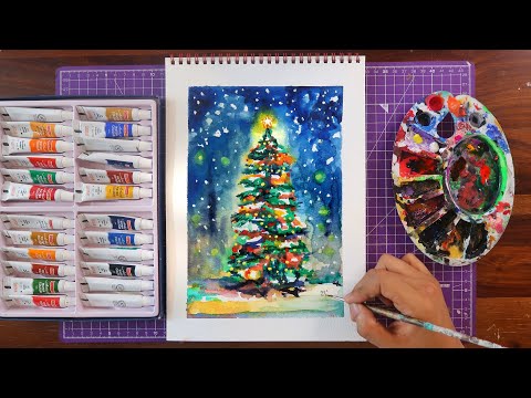 Christmas Tree 🎄 Beginner Painting with Watercolor by Deeplife 🎅