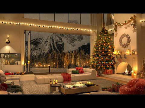 Cozy Christmas Jazz Lounge – 4K Modern Living Room with Fireplace and Snowy Town Views 🎄❄️