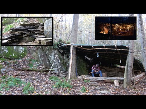 FULL BUILD! Long Term SHELTER Built into a BOULDER w/ STONE FIREPLACE! Bushcraft Axe Survival ASMR