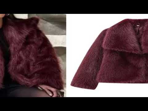 HXAO Women's Fur Coat Women 2024 Plush Burgundy Bomber Jacket Solid Crop Long Sl