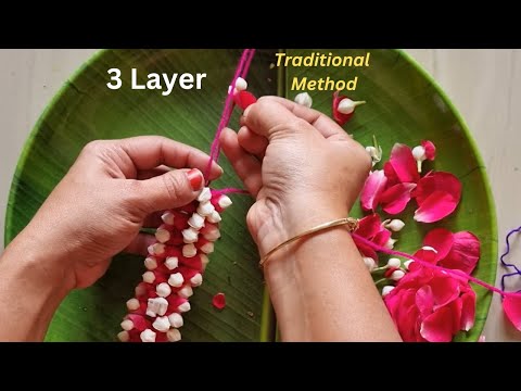 How to tie jasmine flowers in easy way || 3 Layer tie crape jasmine Rose petals garland