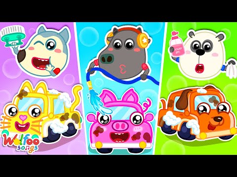 Pet's Car Wash Song - Five Little Cars Songs | Kids Songs & Nursery Rhymes @WolfooFamilySongs