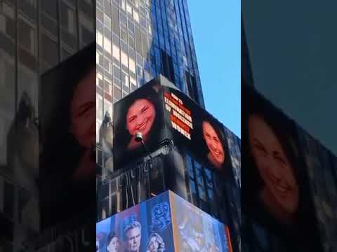 Faces of the 13 Israeli women still held by Hamas terrorists in Gaza are displayed in Times Square